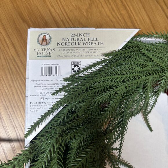 My Texas House 22" Natural Feel Norfolk Wreath Faux Greenery Holiday Decor - Picture 2 of 4